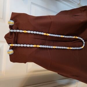 Blue Pearlized and Yellow Beaded Necklace With Earrings